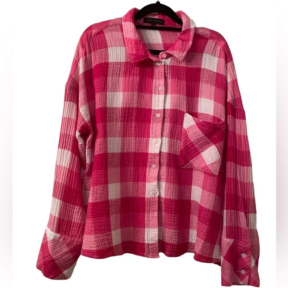 Sanctuary woman’s pink plaid long sleeve top, size medium‎